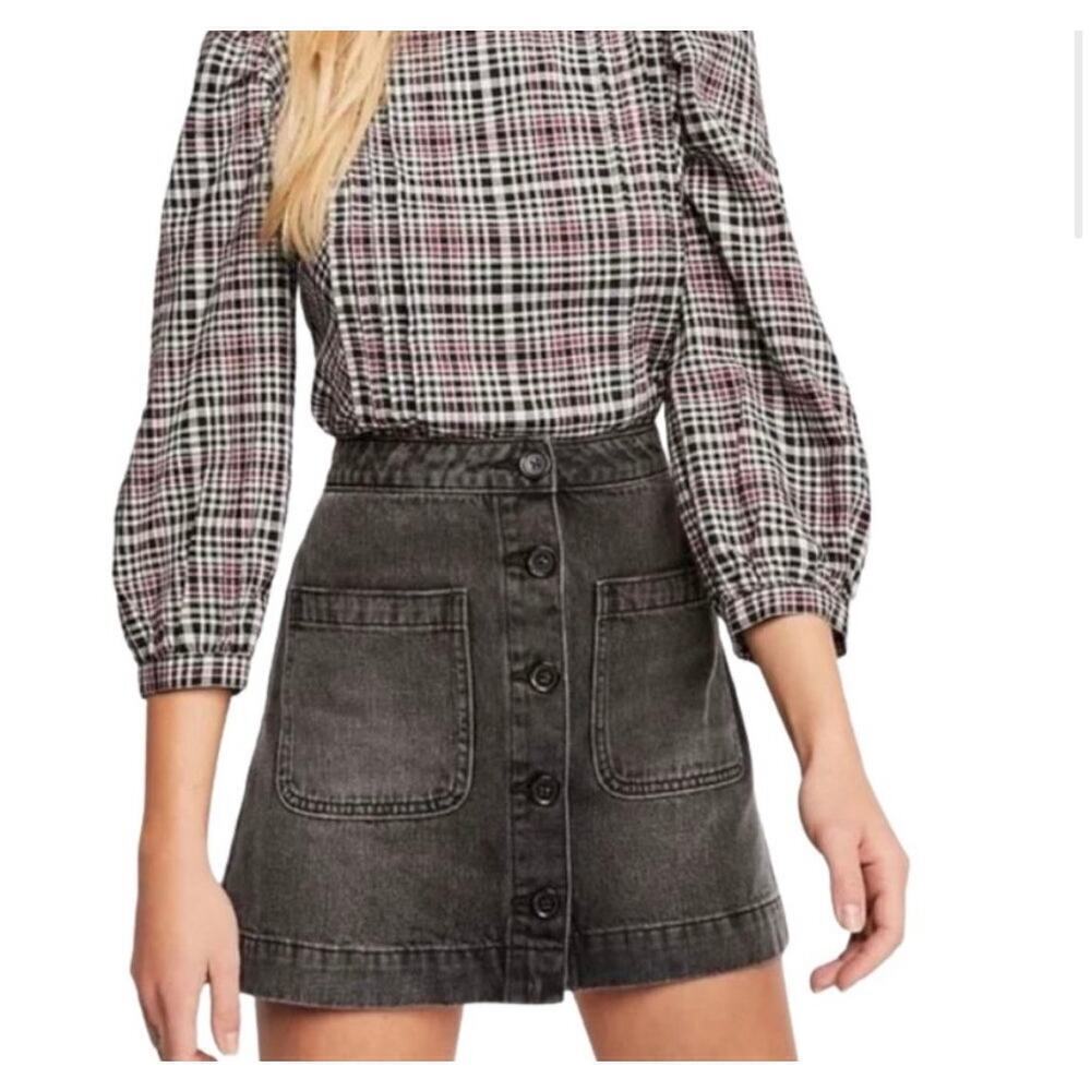 Free People Black Denim Button-Front Mini Skirt